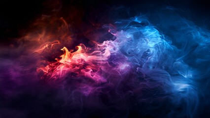 Colorful smoke of blue, red, and purple swirls on a black background