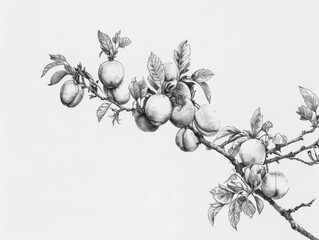 A black and white sketch of a tree branch with apricots. the background is white , generated with ai