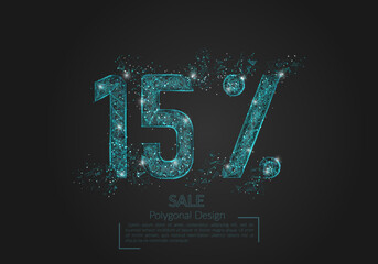Abstract isolated blue 15 percent sale concept. Polygonal illustration looks like stars in the black night sky in space or flying glass shards. Digital design for website, web, internet.