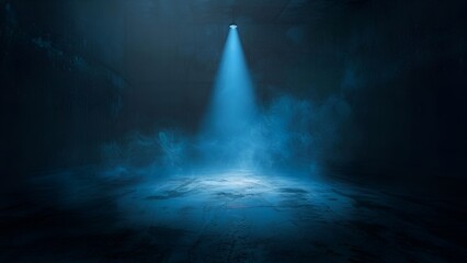 Spotlight illuminating empty grunge room with blue smoke on the concrete floor