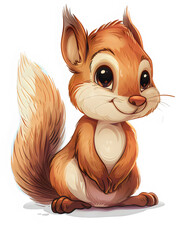A cute cartoon squirrel with big eyes and a fluffy tail is sitting on a rock. It has a friendly expression on its face and looks like it is about to say something.