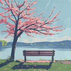 A cherry blossom tree with pink flowers near the water, sitting on top of an empty bench, a lake and green grass in the background, generated with AI