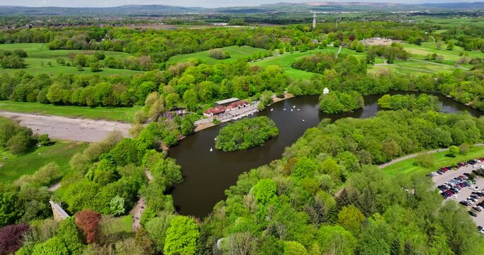 Aerial video of Heaton Park Manchester showing people enjoying the day outdoors
