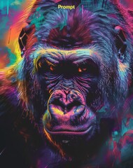 A colorful gorilla with vibrant colors, detailed and expressive face in the style of an abstract digital painting, generated with AI