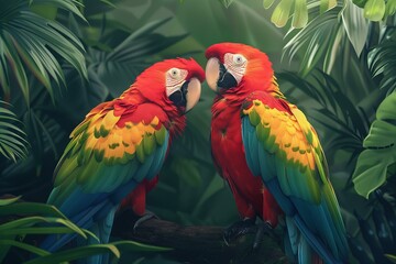 Colorful Parrots Interacting in a Lush Tropical Forest