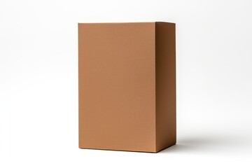 Brown tall product box copy space is isolated against a white background for ad advertising sale alert or news blank copyspace for design text photo website 
