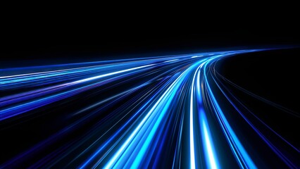 Blue light streaks in the dark resembling speed, data flow, or a futuristic highway