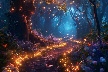 Fototapeta premium Enchanted Forest Pathway Lit by Magical Lights at Twilight