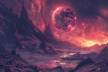 Stunning Alien Planet Landscape with Majestic Mountains and Red Sky