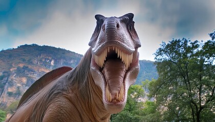 an extreme close up view of an ominous t rex dinosaur