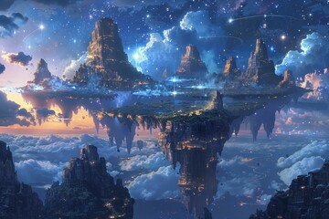 Mystical Floating Rock Islands Under a Starry Night Sky