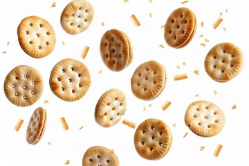 Fototapeta premium Floating Round Crackers with Dynamic Crumb Scatter on White