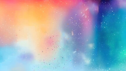Fototapeta premium Abstract watercolor background with a gradient of orange, pink, purple, and blue, featuring white paint splatters
