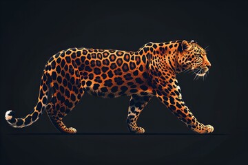 Majestic Leopard Walking on Dark Background in Full Profile