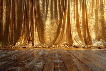 Elegant Golden Curtains on a Vintage Wooden Stage