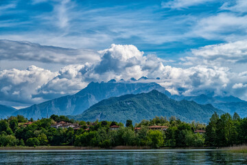 View of mount Resegone from Lake Pusiano - obrazy, fototapety, plakaty