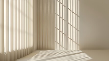 Elegant cream color room interior with soft sunlight shining through the window blinds