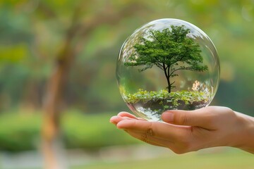 Hand Holding Glass Globe with Vibrant Tree and Nature
