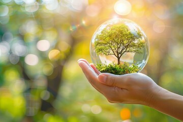 Hand Holding Transparent Globe with Growing Tree Inside