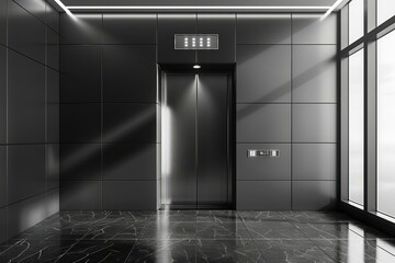 Modern Black Elevator in a Stylish Business Lobby