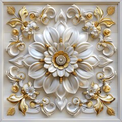  an intricate white and gold flower design within a square frame. The flower has a large center petal and smaller petals radiating out, and the whole design is surrounded by a decorative borders.