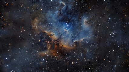 Mystical blue and orange nebula with stars in deep outer space