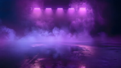Purple and blue smoke with bright spotlights on a wet concrete floor
