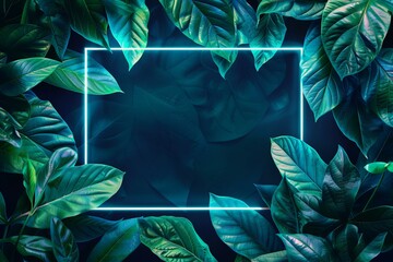 Luminous Neon Frame Surrounded by Lush Green Leaves