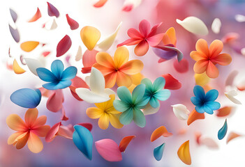 Flying and floating of multicolored flower petals