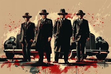 Mafia Men in Suits with Vintage Cars, a Stark Retro Vibe