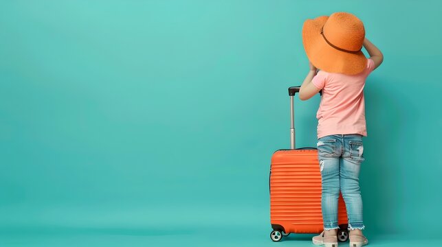 Small child with suitcase ready for vacation. Kid in summer hat looking at something off frame. Bright colors and travel concept. Style is simple and modern with a touch of minimalism. AI