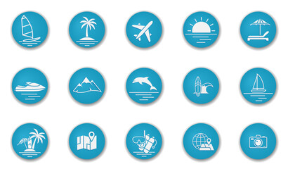 vacation round icon set. summer, sea and beach symbol. blue vector images for travel and tourism design