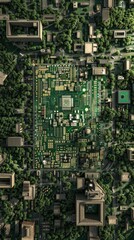 A high-resolution aerial view of an urban landscape designed exactly like a printed circuit board, with a prominent processor-like building at its core, generated with AI