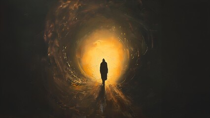 Oil painting of a lonely man walking towards a bright light at the end of a dark tunnel