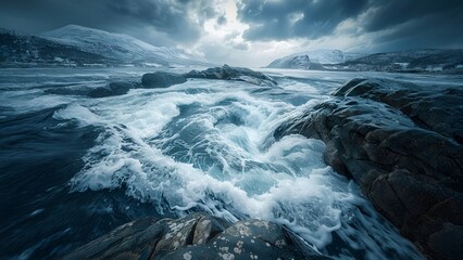 Dramatic seascape with turbulent water and snowcapped mountains in the distance