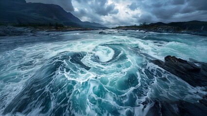 Mesmerizing view of a powerful whirlpool in a fastflowing river