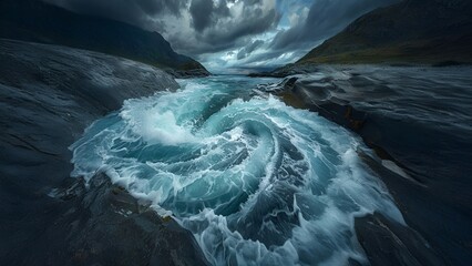 Mesmerizing view of the powerful and dynamic whirlpools in the raging sea