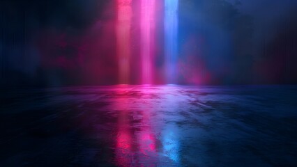 Abstract dark background with bright neon lights reflecting off wet concrete floor