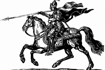 A jousting knight on horseback with a long lance, woodcut, black and white, white background , generated with ai