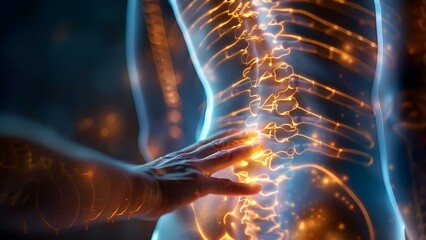 Closeup of person touching luminescent spine indicating back pain or spinal issue. Concept Closeup Shots, Medical Imagery, Spinal Health, Aches and Pains, Human Anatomy