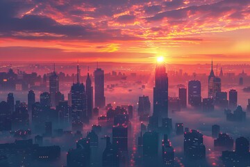 Obraz premium Majestic Sunrise Over Foggy Cityscape with Vibrant Sky
