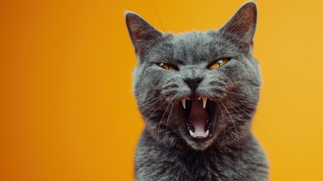 Russian Blue, angry cat baring its teeth, studio lighting pastel background