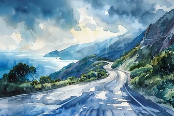 Curly Asphalt Road Through Mountainous Landscape Watercolor
