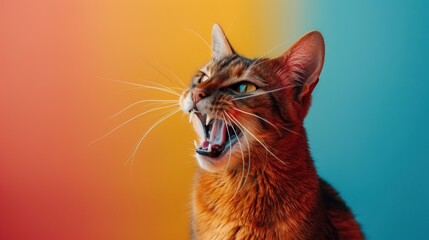 Somali, angry cat baring its teeth, studio lighting pastel background