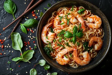 Spicy Shrimp Ramen Noodles in a Dark Bowl with Fresh Herbs