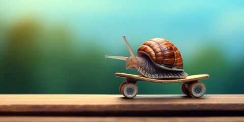 Snail on a skateboard on a green bokeh background. Creative slow-motion concept for posters and environmental awareness. - Powered by Adobe