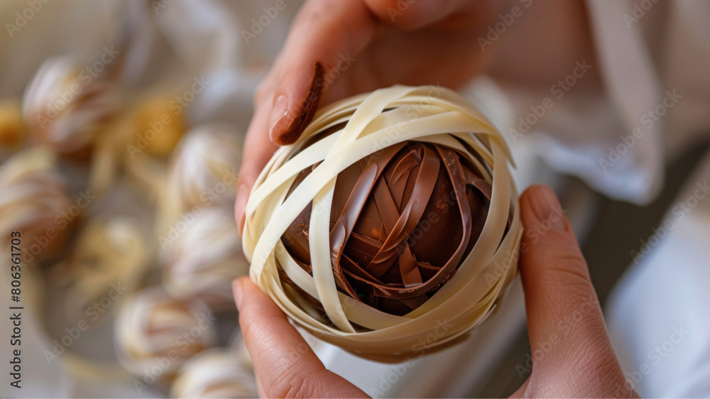 Wall mural a closeup of a hand unwrapping a packaging ball made of wide silky laces. inside the ball is a choco