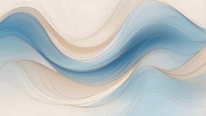 Neutral Beige Blue Wavy Design with Subdued Curved Lines and Blurred Lights. Abstract Background.