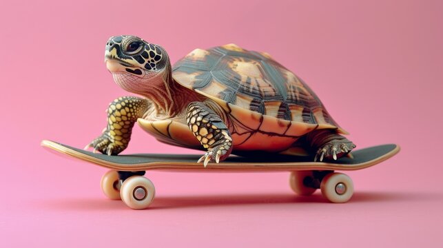 Turtle on a skateboard on a pink background. Cute animal leisure concept for children's books and educational material.