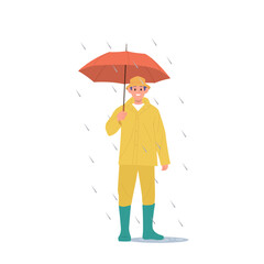 Isolated smiling man cartoon character wearing rain suit holding umbrella standing under downpour